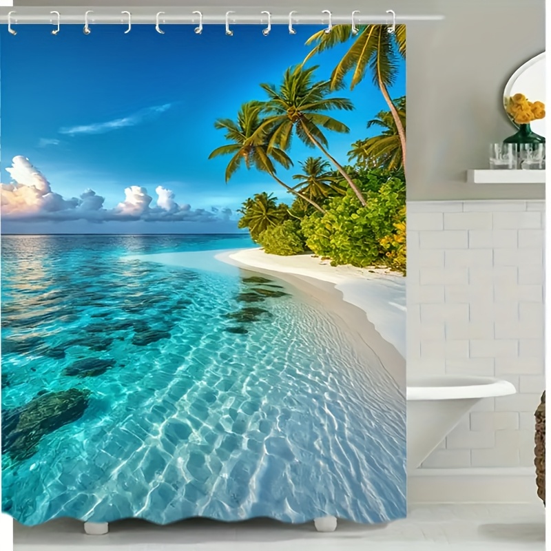 TEMU 1 rideau de douche Îles - tropical en polyester durable avec 12 crochets, lavable en machine, tailles multiples, eaux turquoise vibrantes et