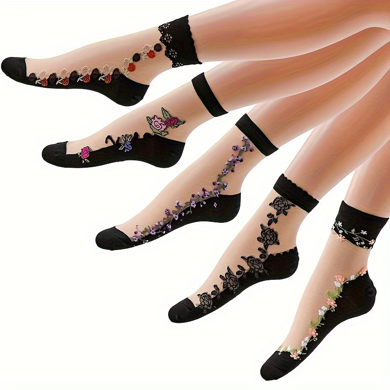 

5 Pairs Women's Floral Mid-calf Socks, Breathable Polyester 80% & Spandex 20%, Black With Flower Embellishments, Knit Fabric, 280g/m² - Comfortable & Stylish