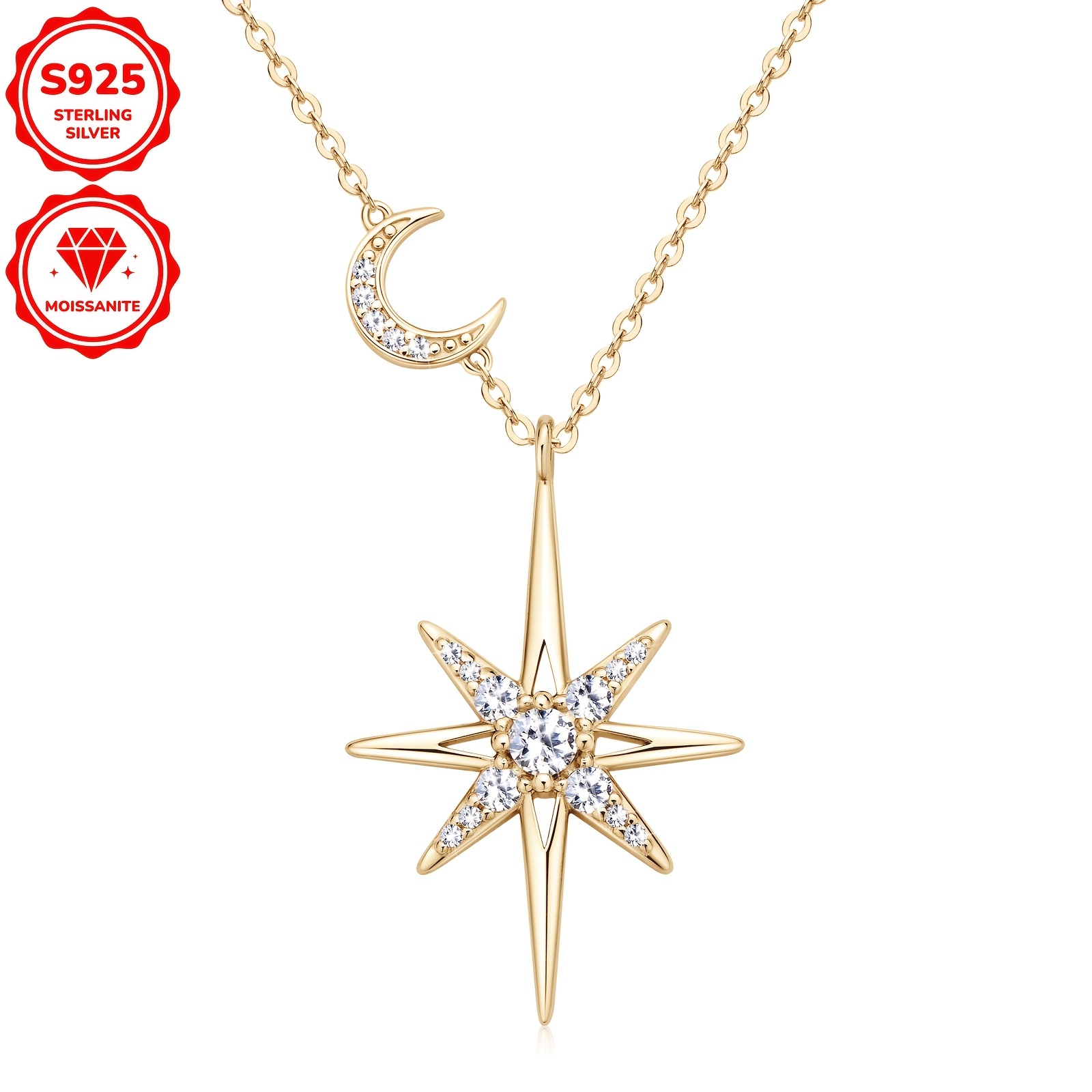 Image of 3.66g Silvery, Moissanite 3mm*1pcs, 2mm*4pcs, 1mm*13pcs, Total Carat 0.285ct Star Moon Pendant Necklace Full Moissanite Fashion Necklace For Women, Gift For Eld, Gift For Ramadan