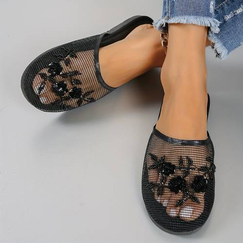 womens fashion hand beaded floral lightweight slippers summer mesh hollow out breathable indoor house shoes women shoes