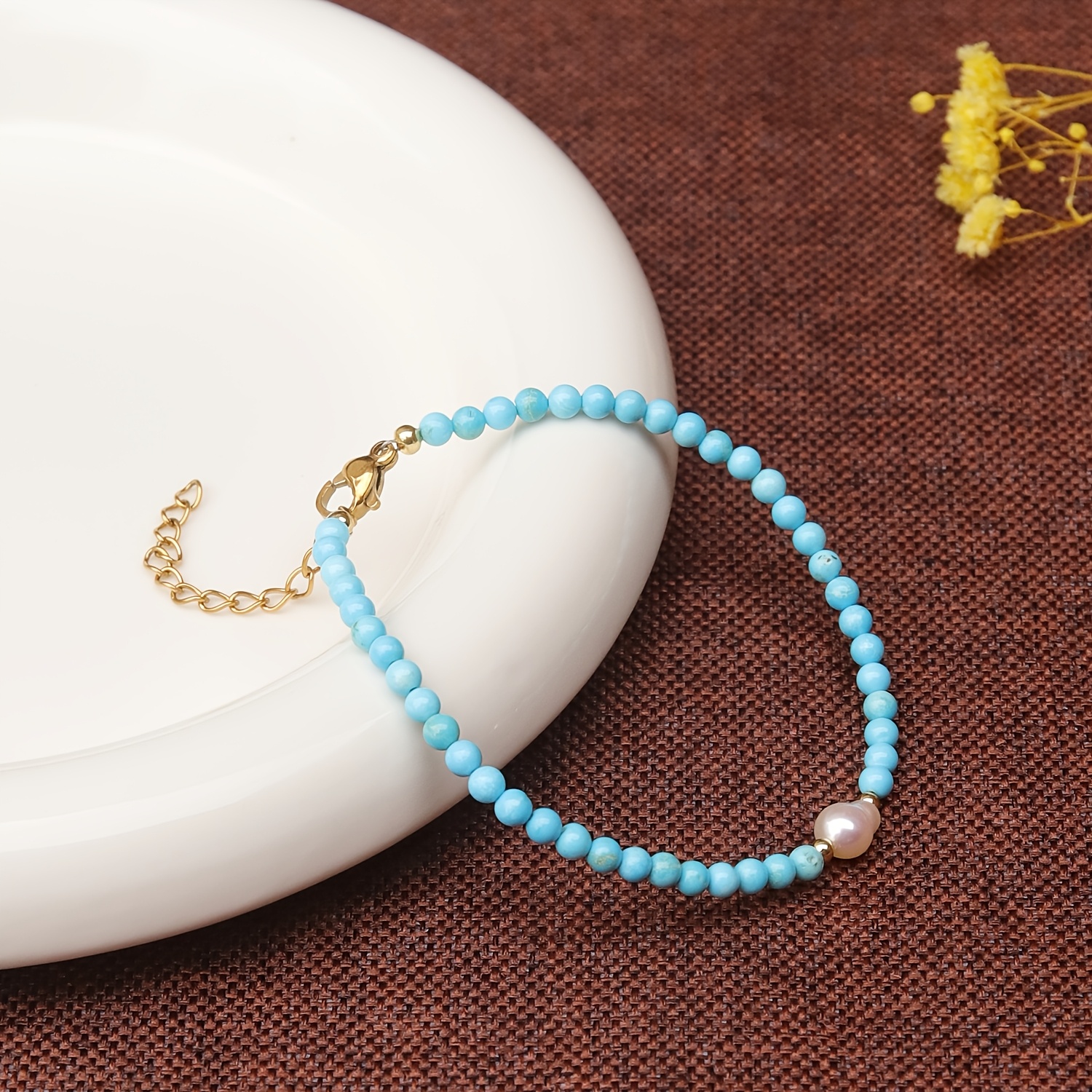 Minimalist Elegant Round Bead Turquoise Bracelet with Golden Accents