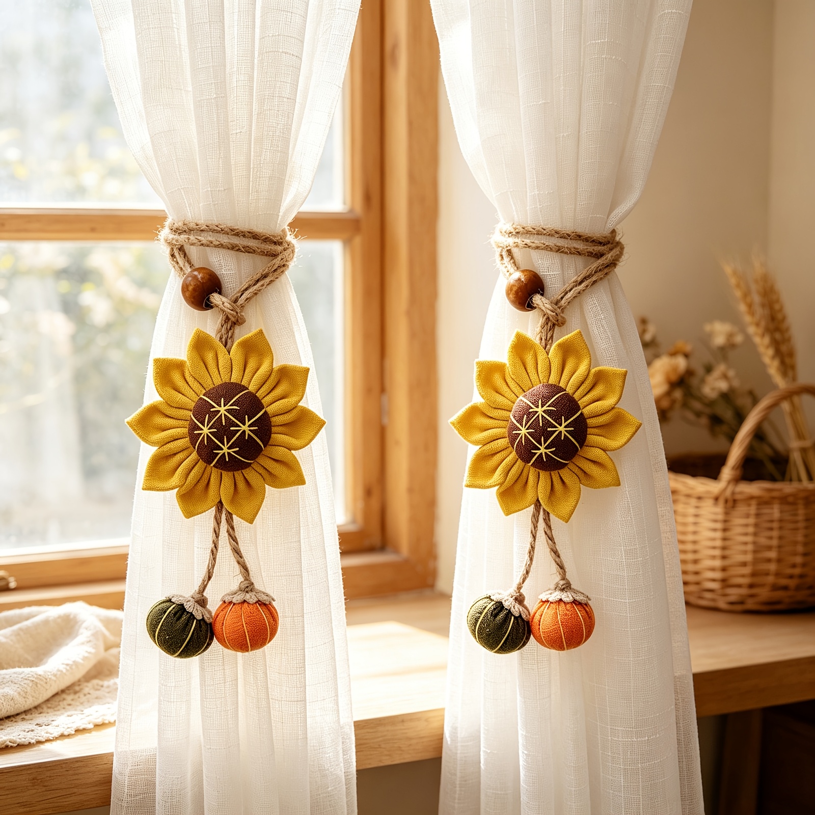 TEMU 2pcs Autumn Sunflower Pumpkin Pendant Decorative Curtain Tiebacks, Jute Rope Storage Straps, Suitable For Harvest-themed Rustic Sheer Curtain