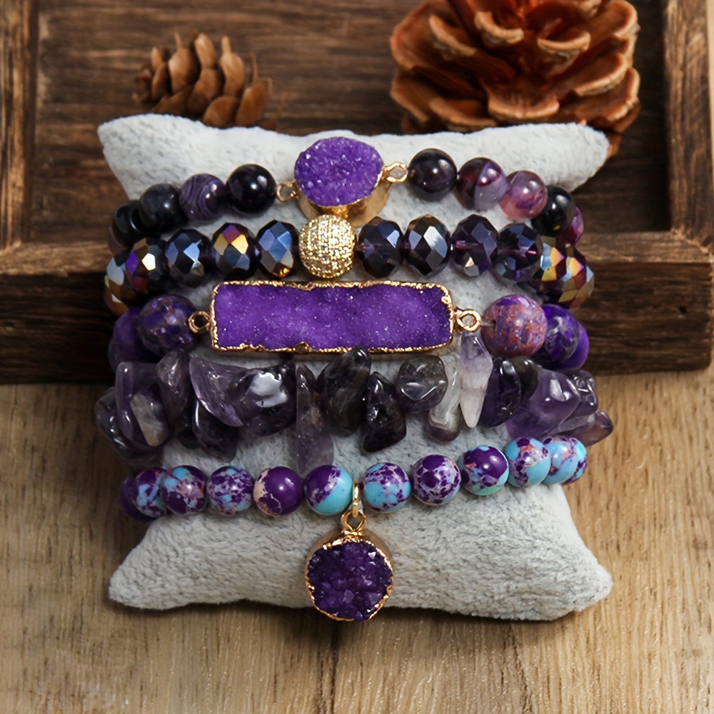 

Ensemble de 5 bracelets en perles bohèmes, pierres naturelles Gravel verre, pierre de février, bracelets élastiques empilables pour un et en vacances, accents en zirconia synthétique, toutes les