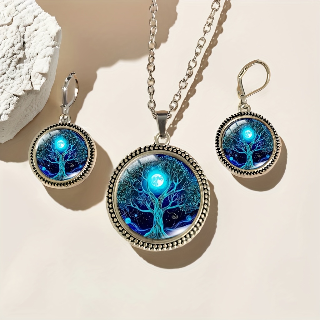 TEMU Juego de 3 piezas de collar y aretes con diseño único de árbol de y paisaje con árbol azul, diseño circular artístico con joyería para hombre,