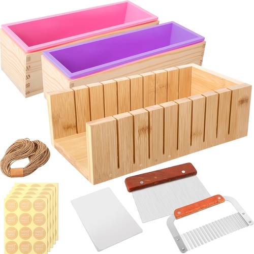 2pcs silicone soap molds making kit 42oz silicone loaf soap mold set with wavy straight slicer 50 bags 60 stickers 32 8ft rope for homemade craft making supplies