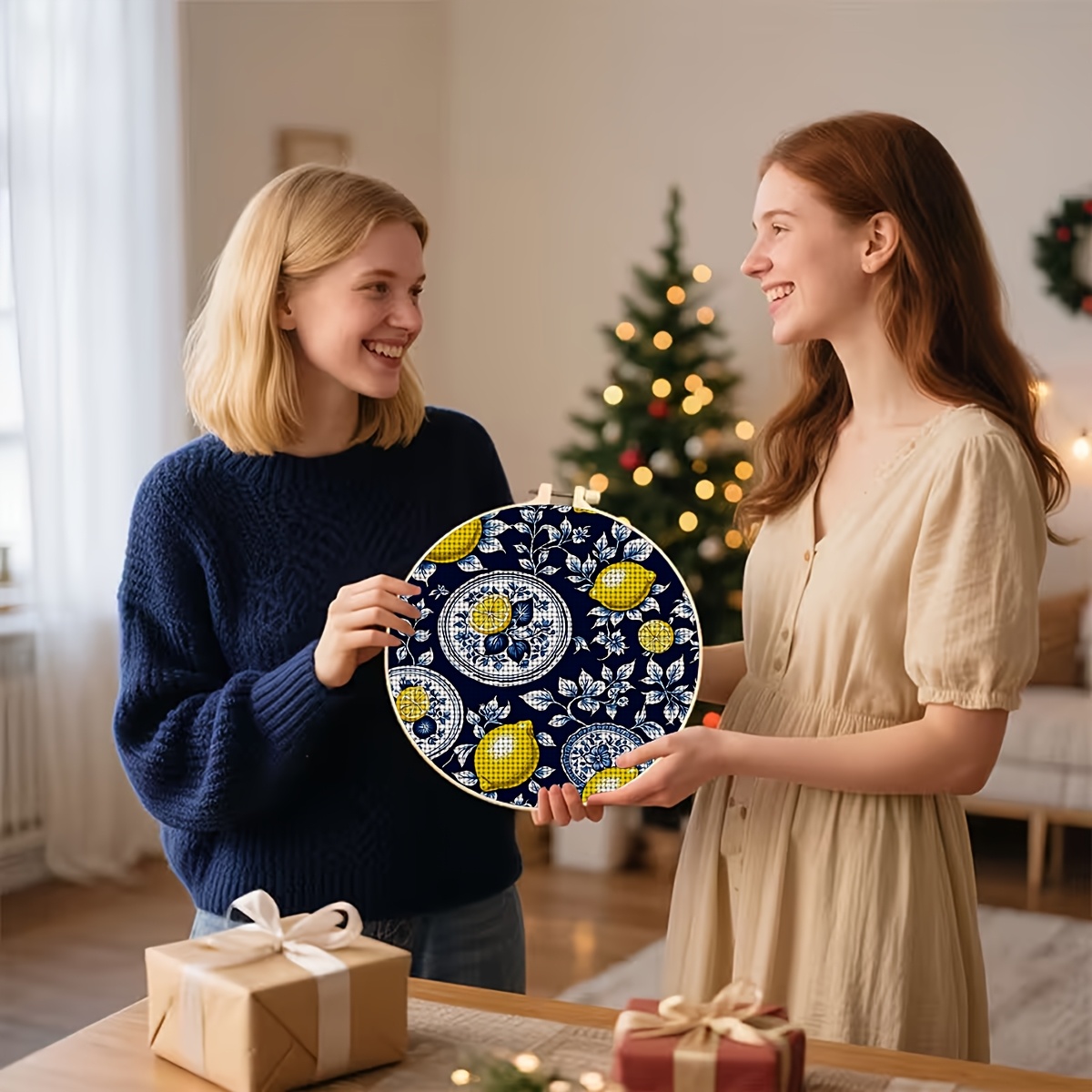 Round DIY Cross-Stitch Printed Kit with Embroidery Hoop, Deep Blue Lemon Tableware Pattern