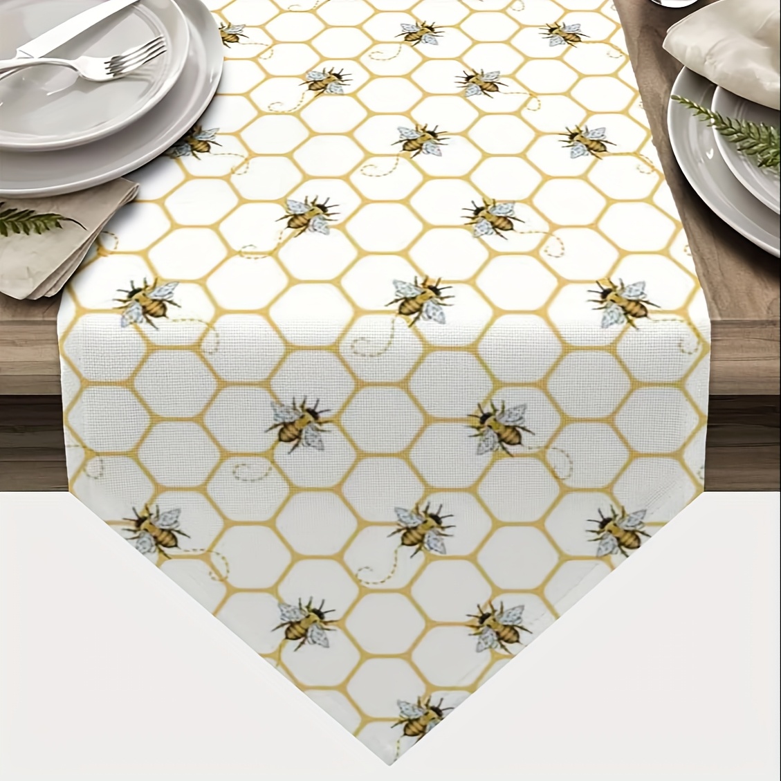 

1pc Farmhouse Linen Table Runner - Rectangular Woven Bee And Daisy Design For Kitchen, Dining, And Party Banquet Decor