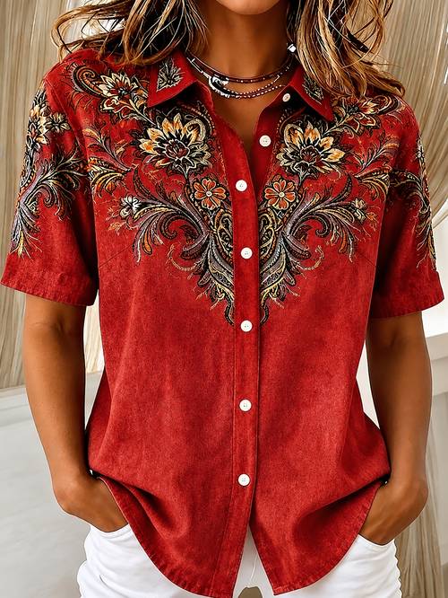 retro american floral print womens short sleeve blouse open front top