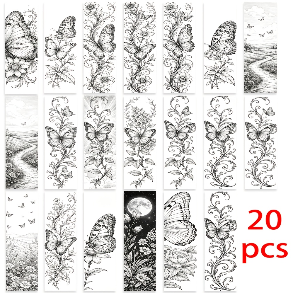TEMU 20pcs Bookmark Set, Black And White Line Art, Botanical Flowers, Branches And Leaves, Fresh And Simple, Hand-drawn, Artistic, 2d Printed