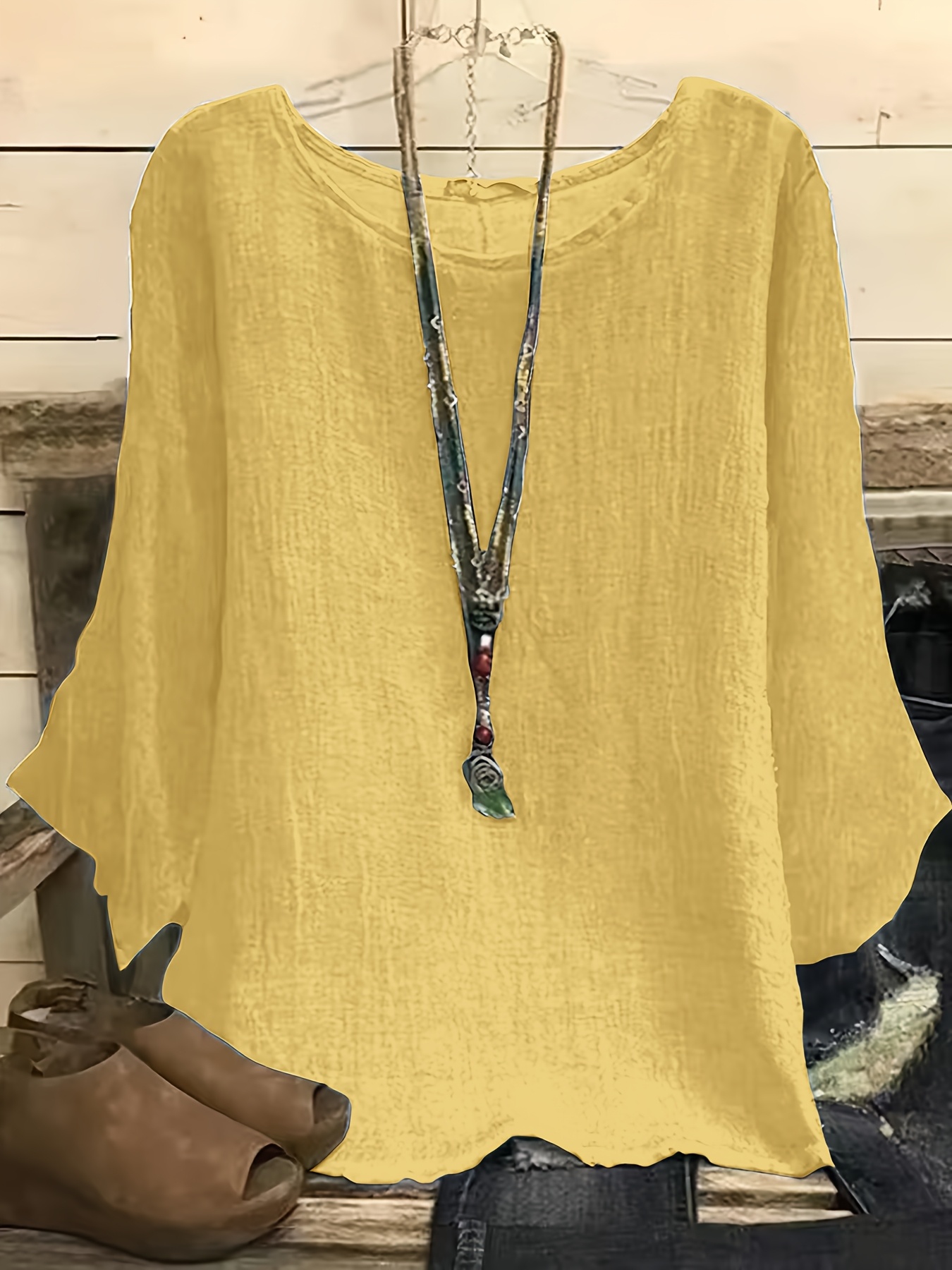 Plus Size Casual Women'S Clothing, Round Neck Three-Quarter Sleeve Solid Color T-Shirt, Adult Top
