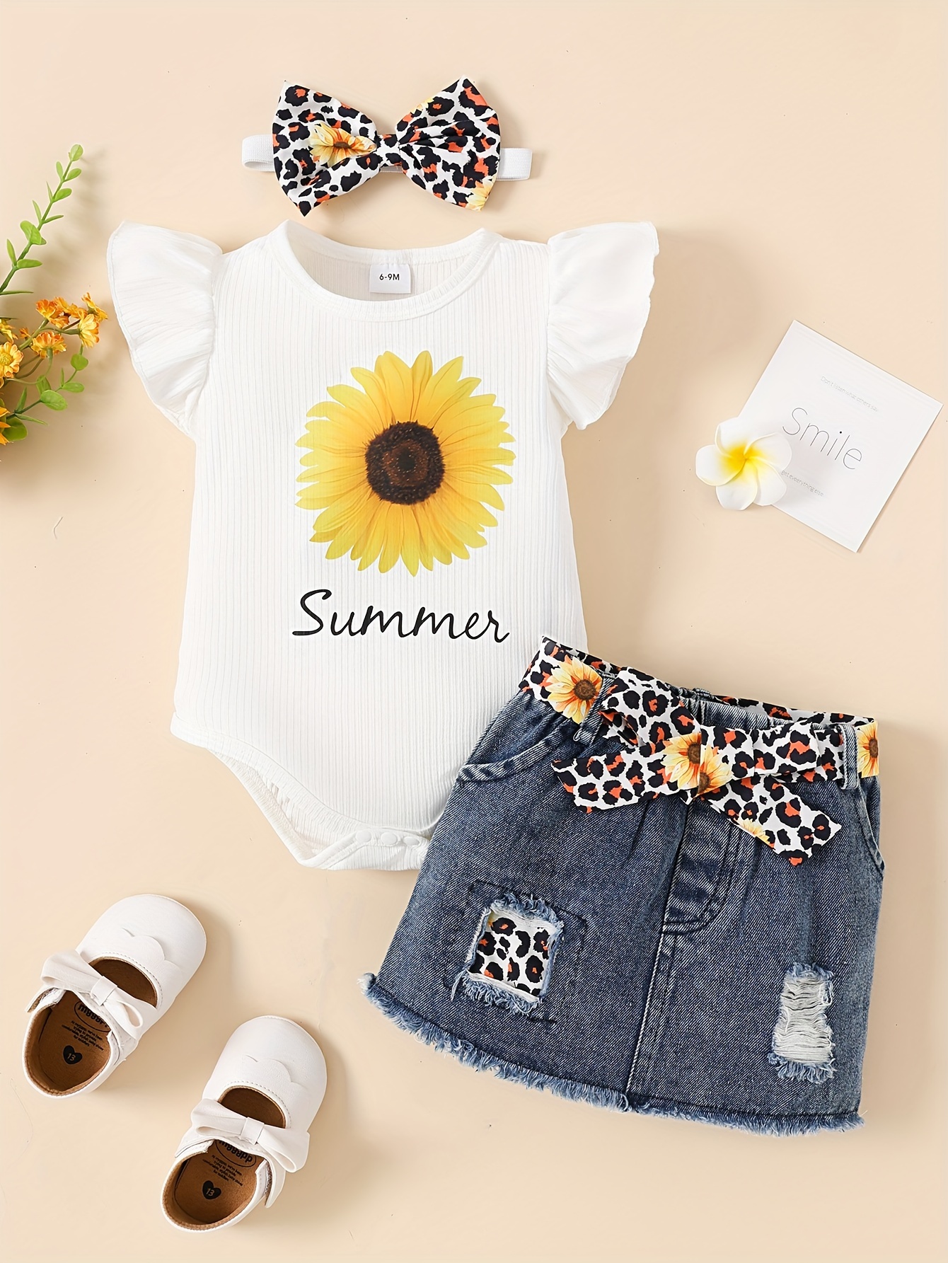 baby's stylish summer denim skirt outfit cap sleeve bodysuit