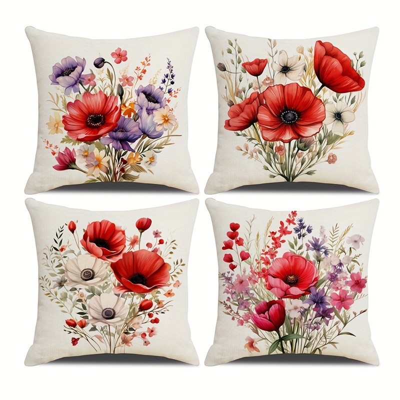

4pcs, Red Floral Series Single-sided Checkered Printed Pillow Cover, Used For Home Outdoor Sofa Decoration