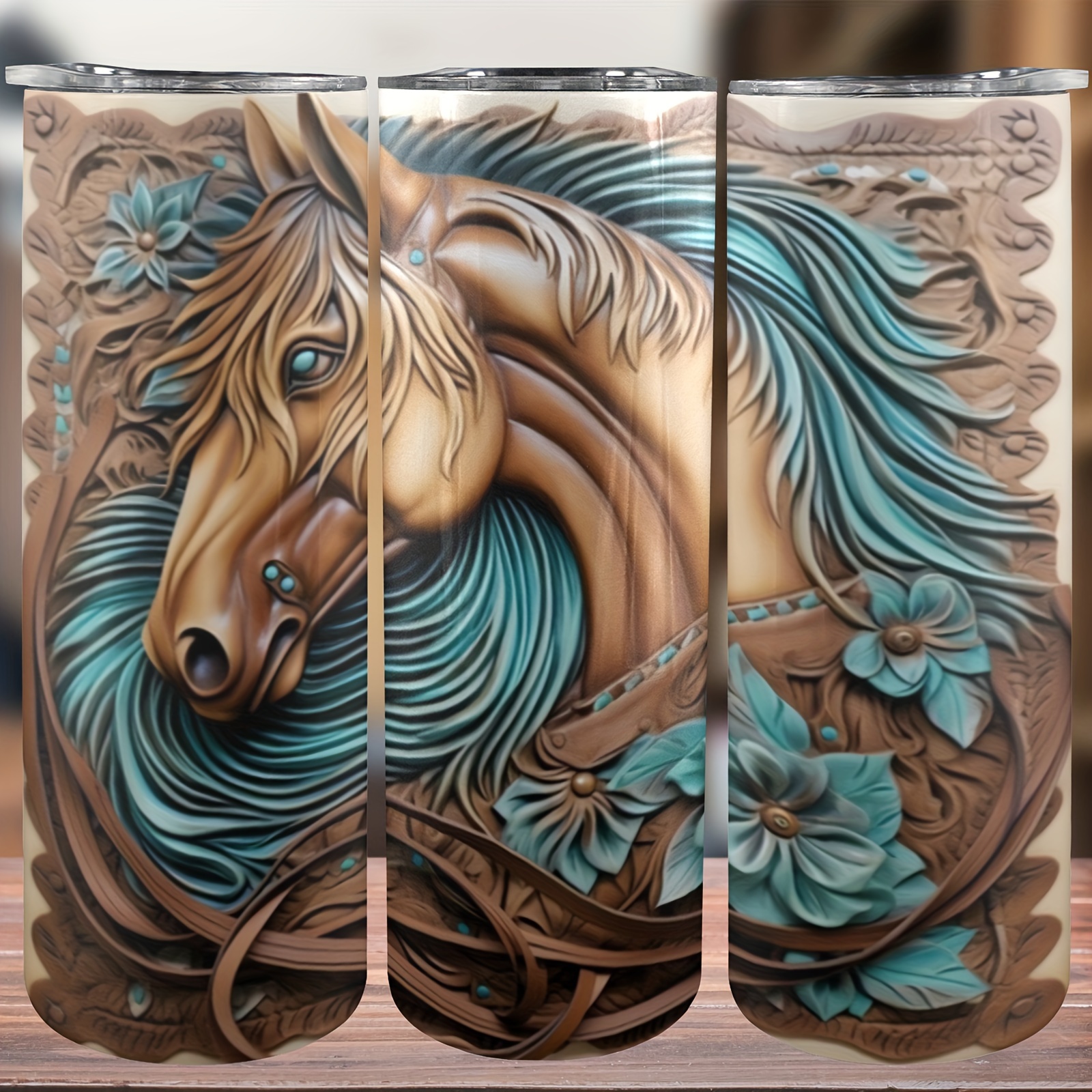 

20oz Stainless Steel Tumbler Insulated Travel Mug - Hand Wash Only Reusable 3d Leather Horse Design Cup With Lid For Multipurpose Use - Unique Gift For