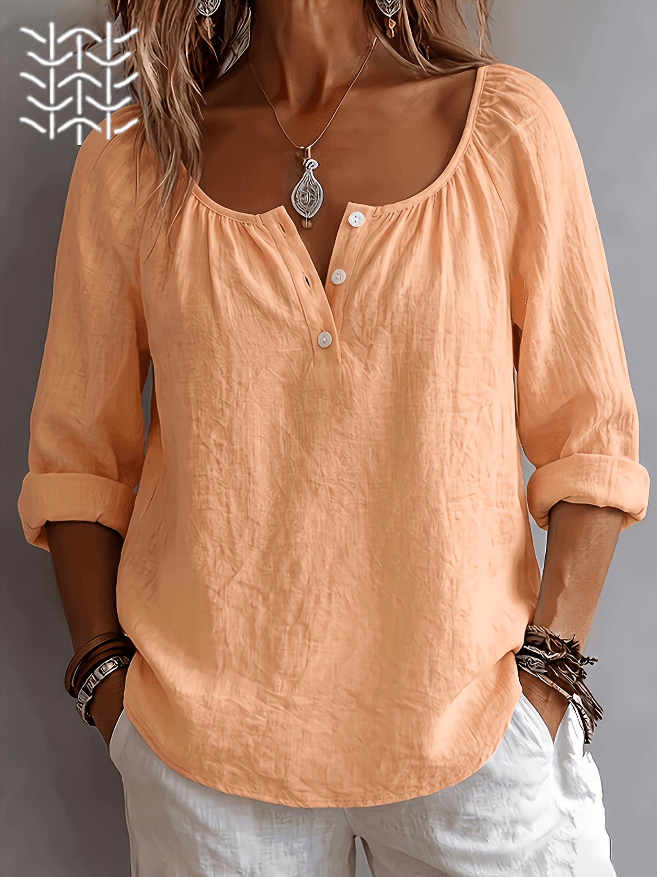 damen   eckhals langarmshirt, leinen textur lockerer hemd, atmungsaktiv und fallend für pendeln, lässiger und vielseitiger stil, halboffenes verschlussdesign zeigt   und lang, bequemes alltags-lazy-literatur-shirt
