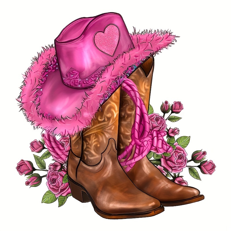 

1/2/3pcs Western Boots Wit Flower Hat Heat Transfer Sticker, Diy Iron-on Clothing Supplies & Appliques For Clothes, T-shirt Making, Pillow Decorating