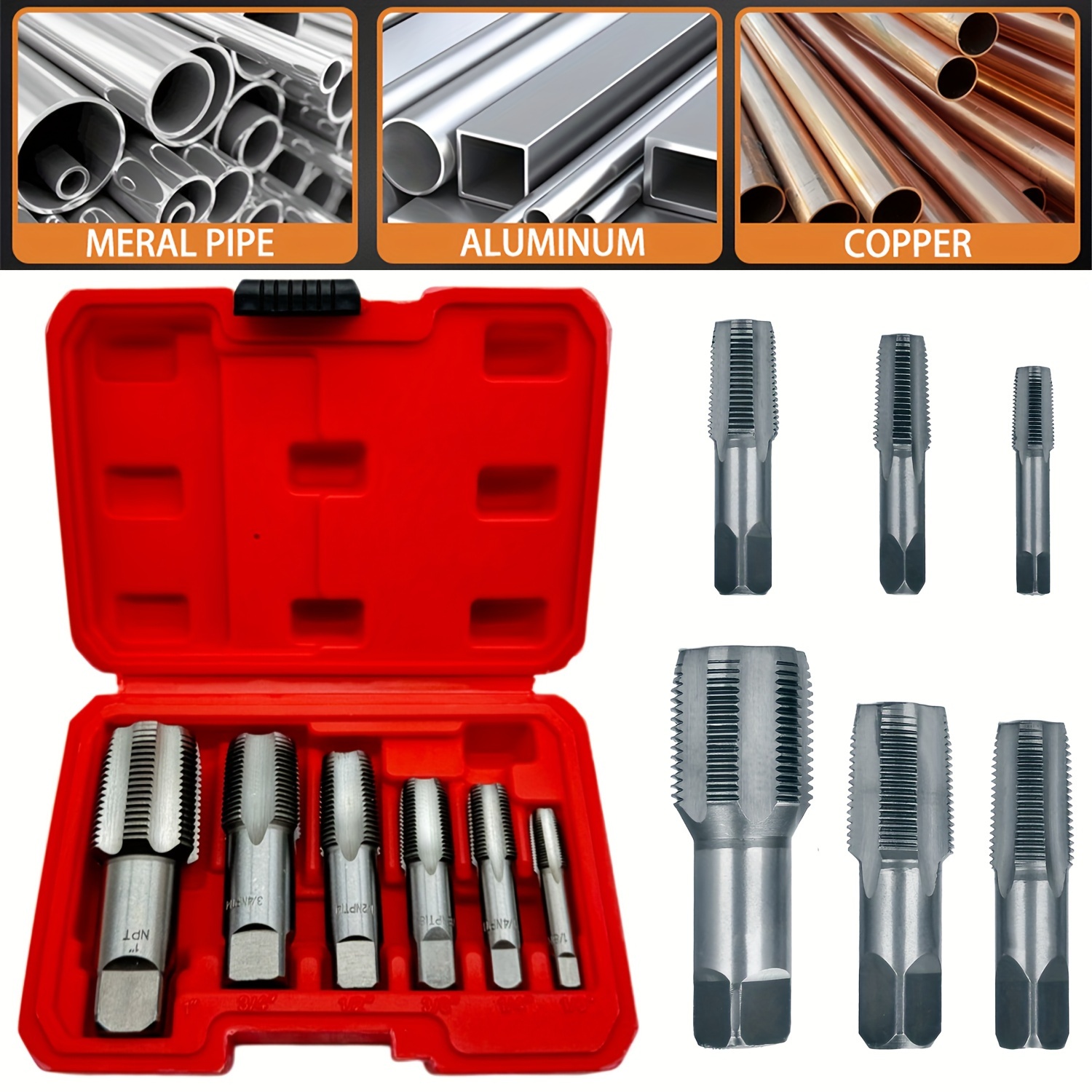 

6pcs Pipe Tap Set, Npt Thread And Carbon Steel Thread Tapping Tool Kit With Storage Box For Pvc Pipe