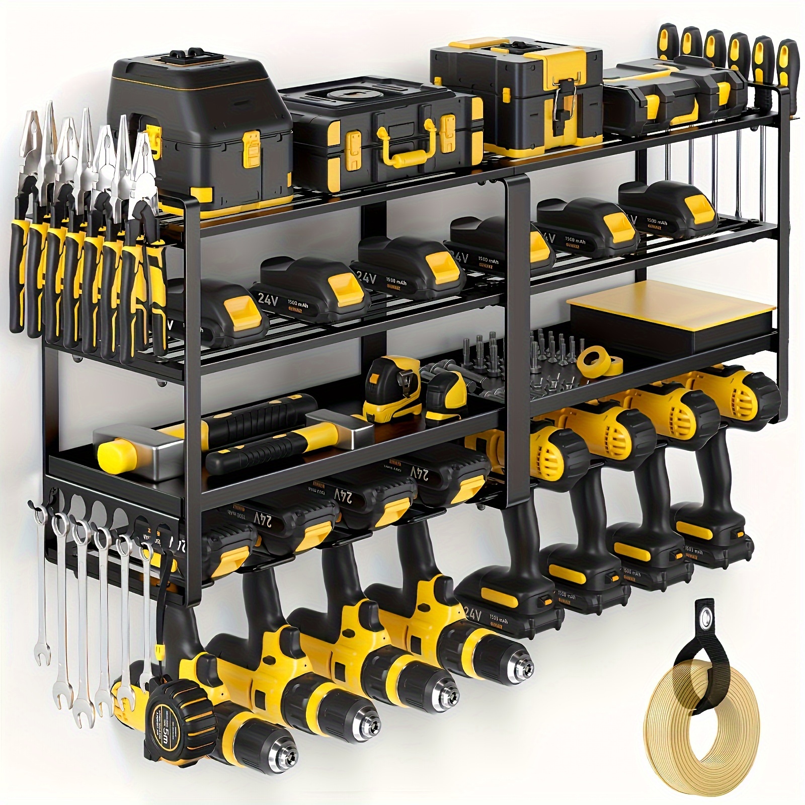 

Heavy-duty 4-tier Wall Mount Power Tool Organizer - Large, Extended Drill Holder With Extra Side Slots & Hooks For Garage And Workshop Storage