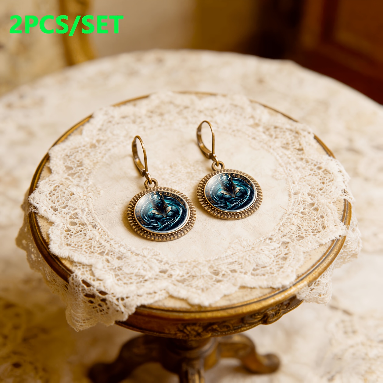 2pc Cyan Egyptian Figure Pendant Earrings Set