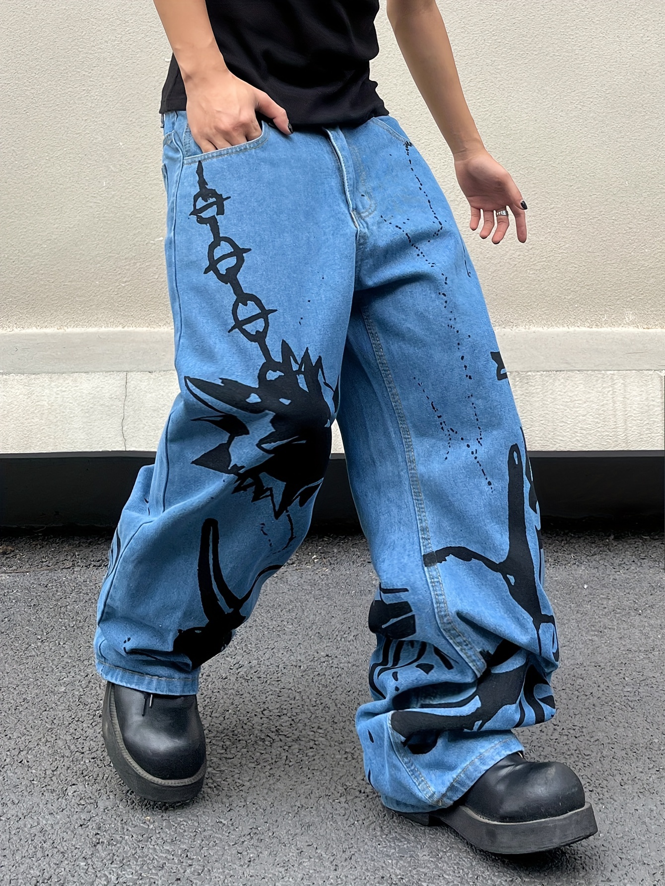  Pantalones vaqueros holgados con estampado de moda para hombre,  estilo hip hop, pantalones de mezclilla rectos con múltiples bolsillos,  Negro - : Ropa, Zapatos y Joyería