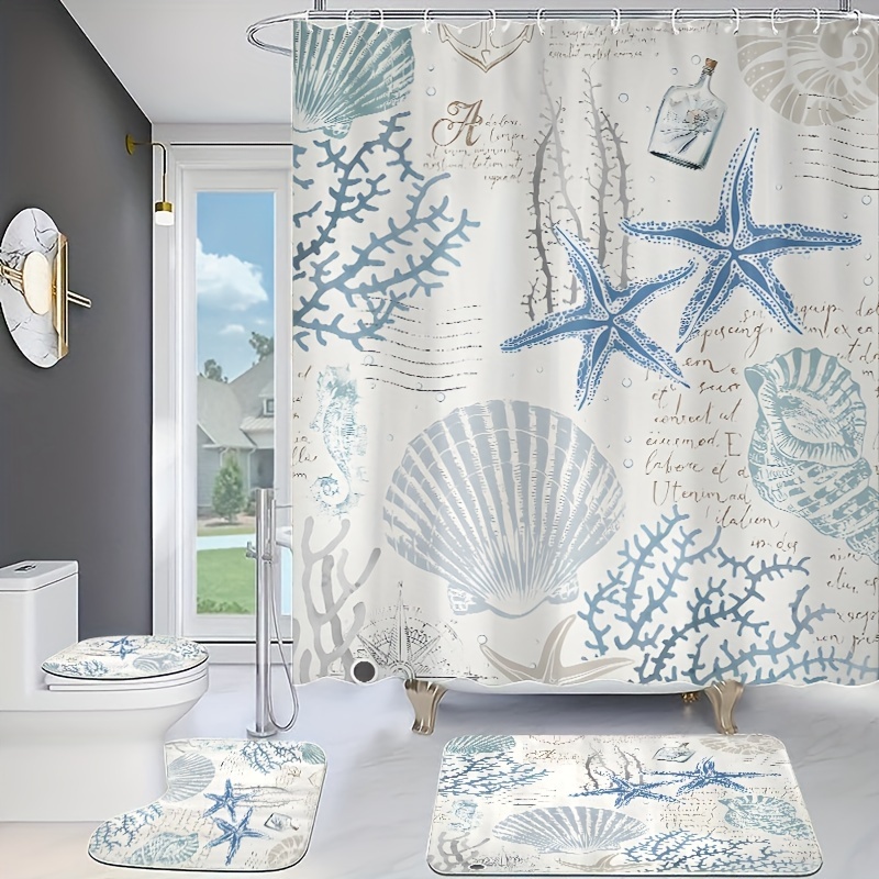 

1/4pcs Starfish Shell Coral Printed Shower Curtain Set, Waterproof Bath Curtain With 12 Hooks, U-shaped Mat, Toilet Cover Mat, L-shaped Mat, Bathroom Accessories, Bathroom Decorations