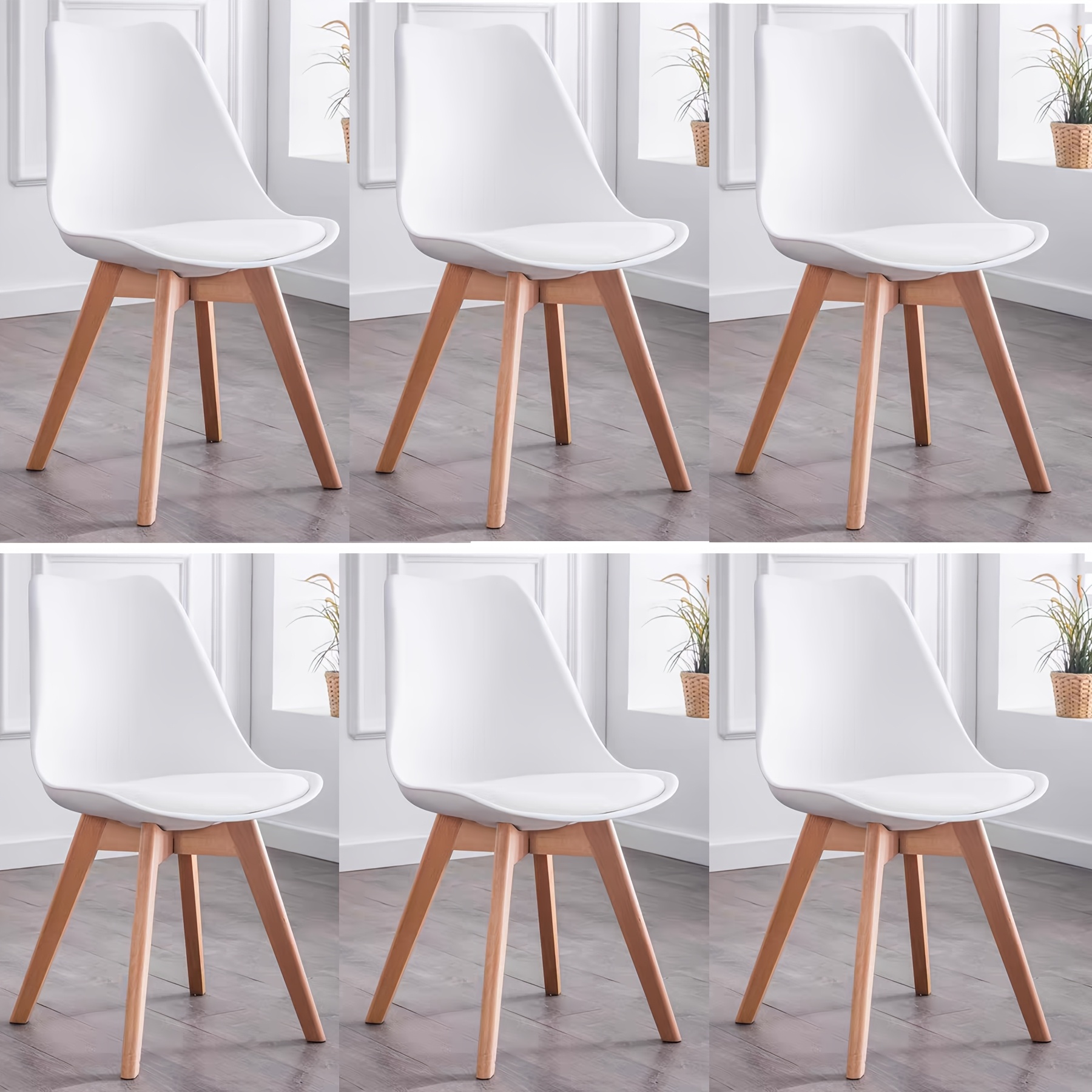 Image of Egoonm Set Of 6 Tulip Dining Chairs, Mid-century Modern Kitchen Chairs With Wood Legs And Faux Leather Cushion For Dining Room, Living Room, Bedroom