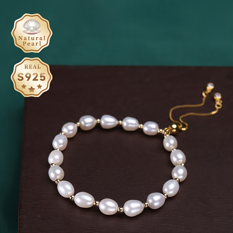 Freshwater Pearls Bracelet S925 Silver 5-7mm Rice Shape Adjustable Length