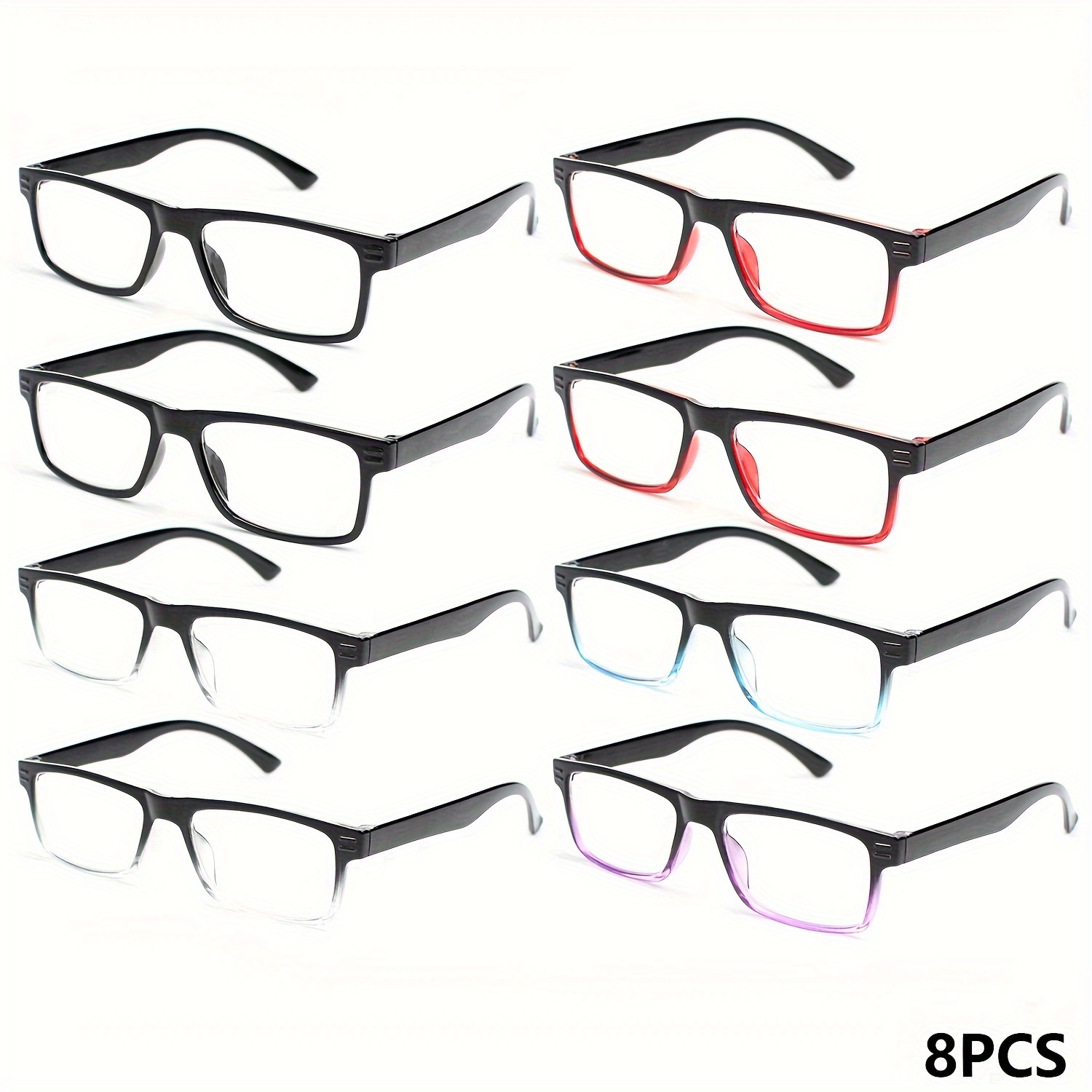 8pcs Classic Rectangle Reading Glasses for Men Women to  Magnification Strengths, Lightweight Polycarbonate Lenses Durable Plastic 