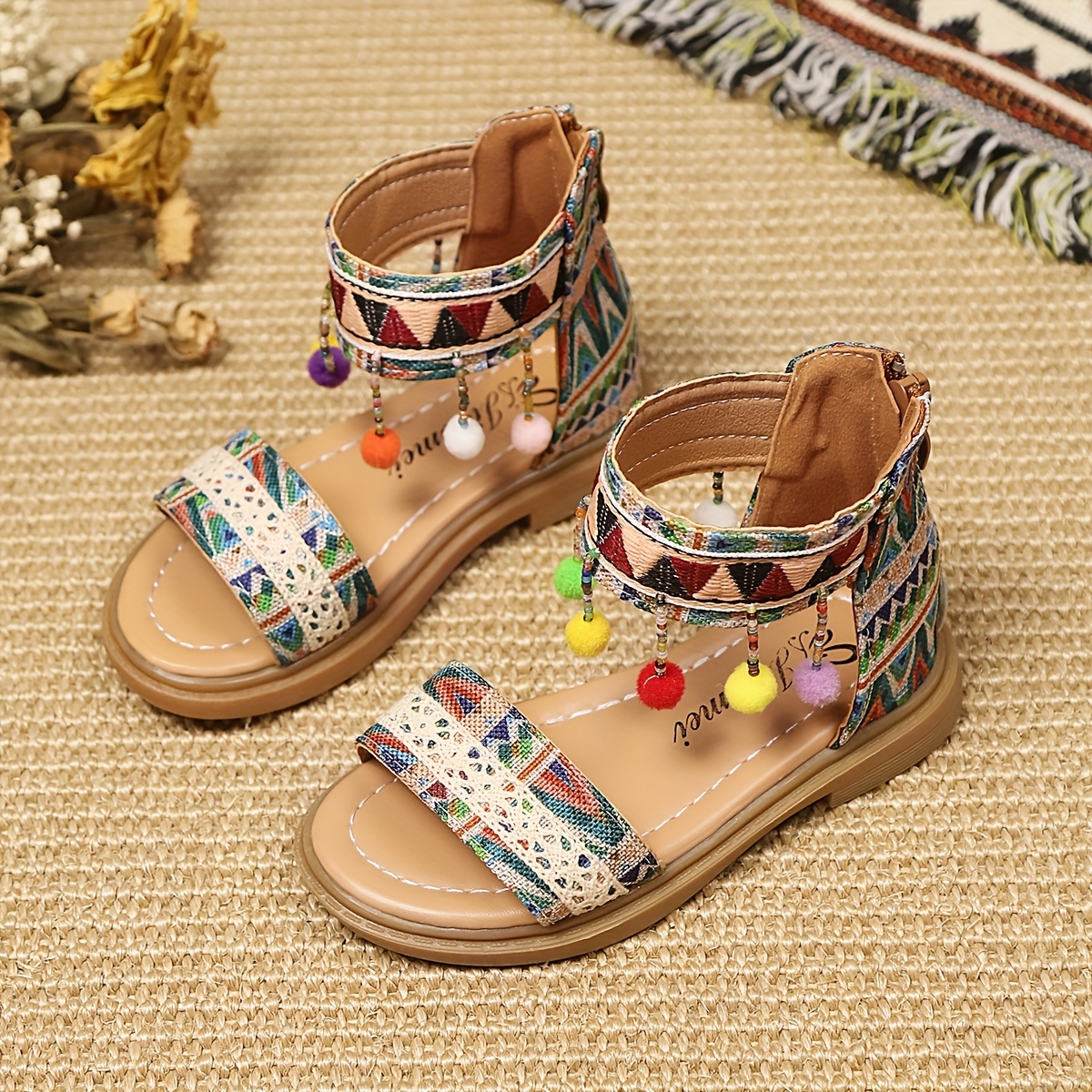boho inspired girls' open toe sandals featuring vibrant Temu
