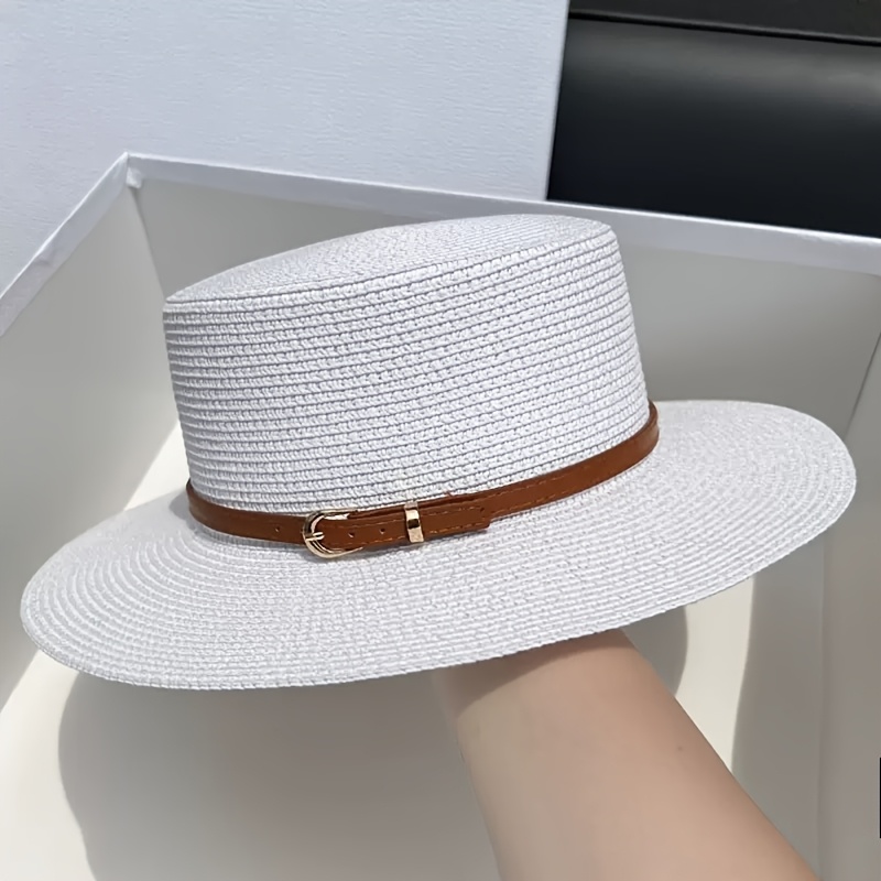 Straw Belt Hat For Men And Women, Summer Flat-brimmed Straw Ceremonial Hat For , Vacations, Seaside Sunshade And.