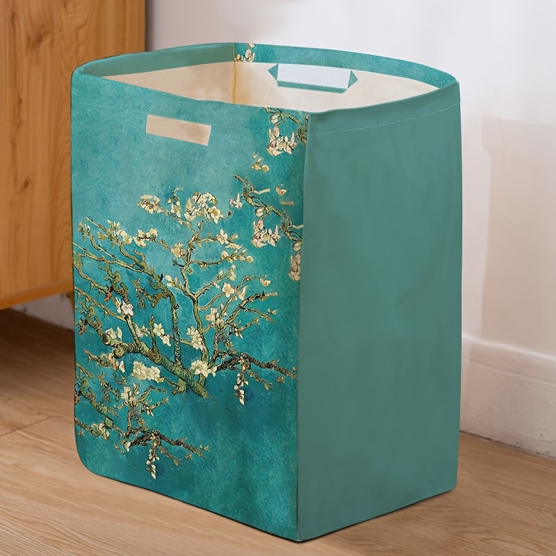 TEMU Foldable Storage Basket With White Floral Print On Teal - Durable Polyester Collapsible Laundry Hamper, Organizer For Bathroom, Bedroom, Home