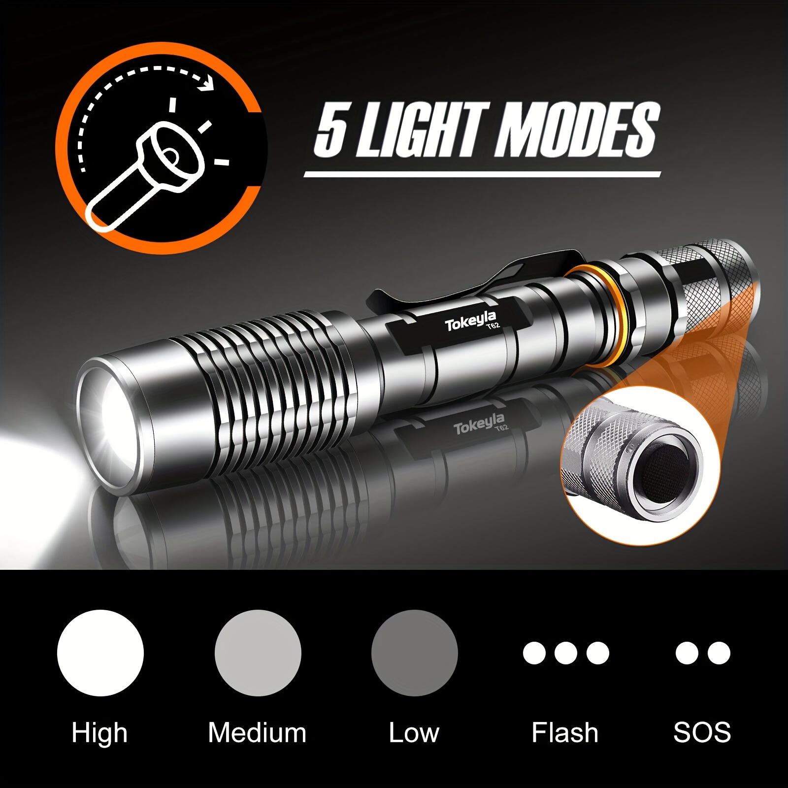 

1pc Super Bright Rechargeable Led Tactical Flashlight Zoomable 5modes Camping Torch Suitable For 2×18650 Batteries With Memory Function (without Battery)