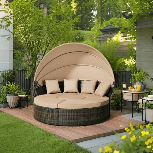 outdoor patio round daybed with retractable canopy clamshell sectional seating wicker furniture with washable cushions for backyard lawn poolside garden and outdoor brown