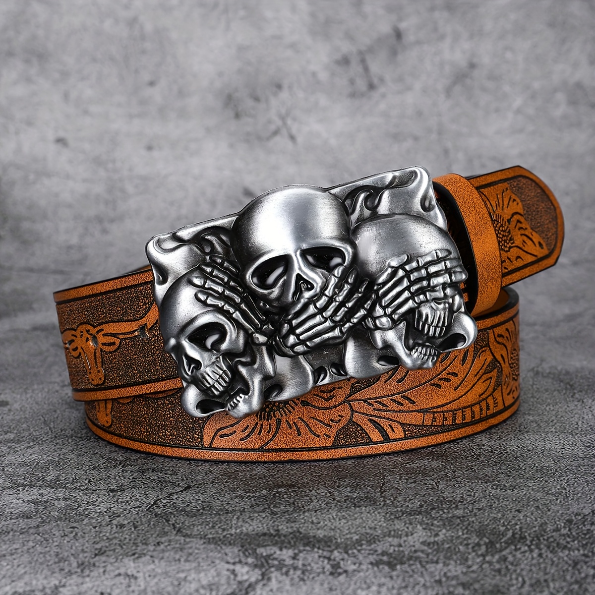 Skull Print Faux Leather Belt Caramel