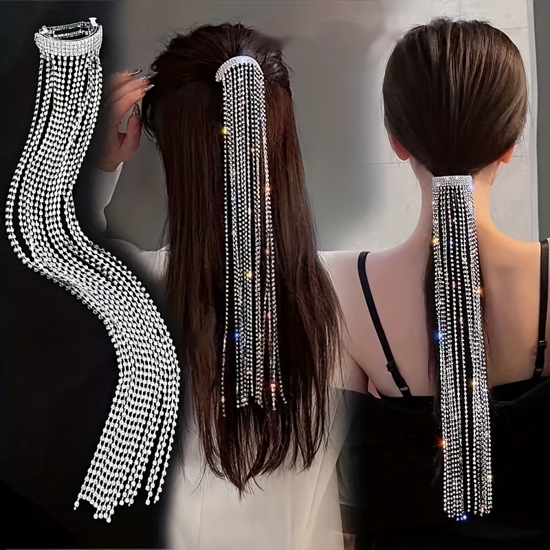 

Crystal Tassel Hair Clip, Alloy Oblong Single Piece Hair Accessory With Elegant, Bohemian Style - Glittering Rhinestone Chain Hairpiece For Women, Suitable For Adult Ceremony, Parties, Brides, Age 14+