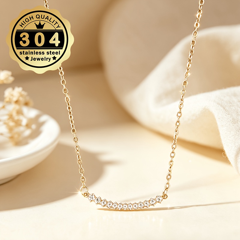 Women's Arched Zirconia Inlay Necklace, Stainless Steel