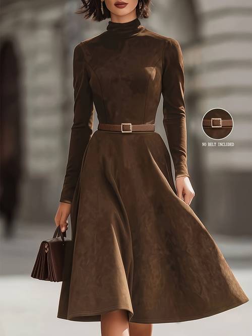 spring autumn new womens premium high neck long dress long sleeve waist cinching a line midi dress retro elegant commuter skirt