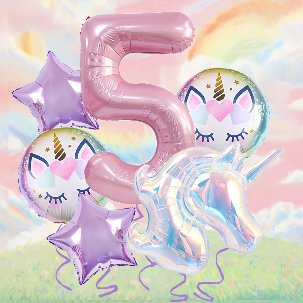 6pcs Unicorn Star Round Element Pink Number 1~9 Balloon Set Suitable For Unicorn Theme, Birthday Party, Party, Arrangement Decoration, Shower, Decorative Supplies