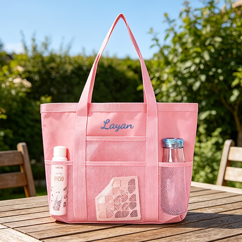 TEMU Embroidered Custom Net Mesh Beach Bag, Multi-pocket Partition Design, Large Capacity Handbag, Optional, Suitable For Commuting, Vacation, Beach,