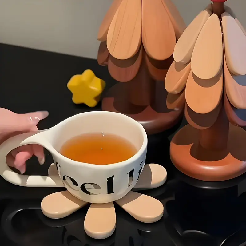 5 piece wooden christmas tree coaster set table decor and placemat combo with foldable mat festive holiday gift for practical dining protection Product details 3