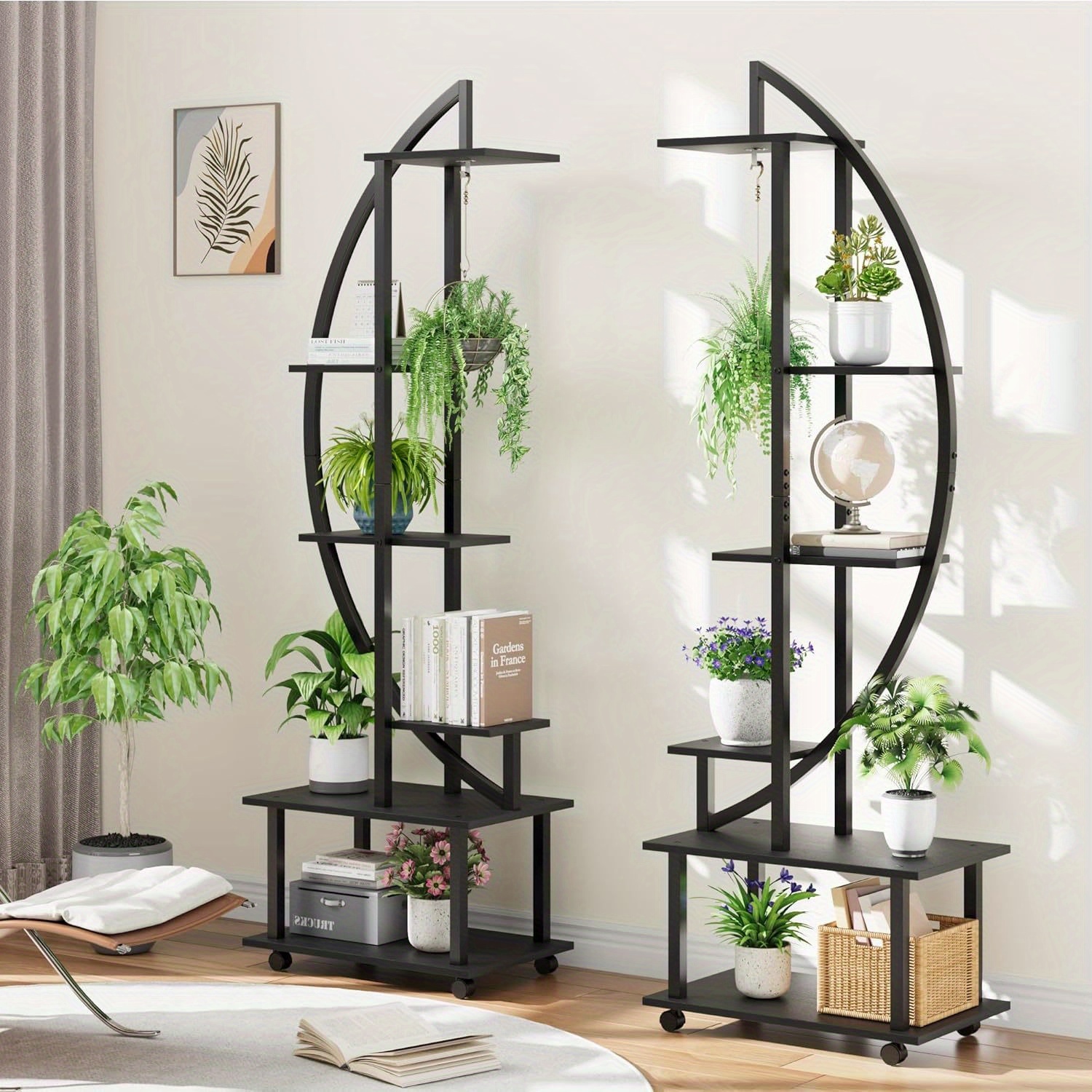 Temu 6 Tier Metal Plant Stand, 2Pcs Half Moon Shaped Plant Shelves With Detachable Wheels, Hooks, Large Tall Ladder Plant Display Racks Holders For-image