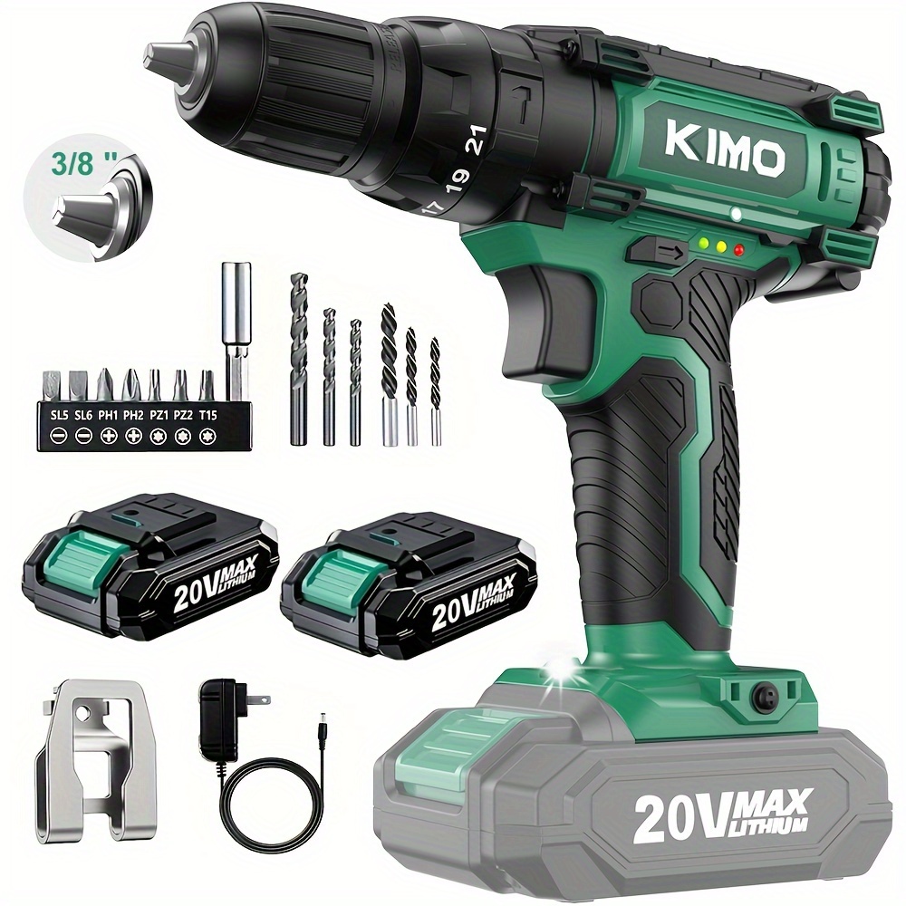 

Kimo 20v Cordless Drill Set With 2 Batteries And Charger, 3/8" , 350 In-lb Torque, 1350 Rpm, 21+1 Position, 18pcs Accessories - Ideal For Wood, Bricks, Walls, Metal, Power Drill, Home Drilling