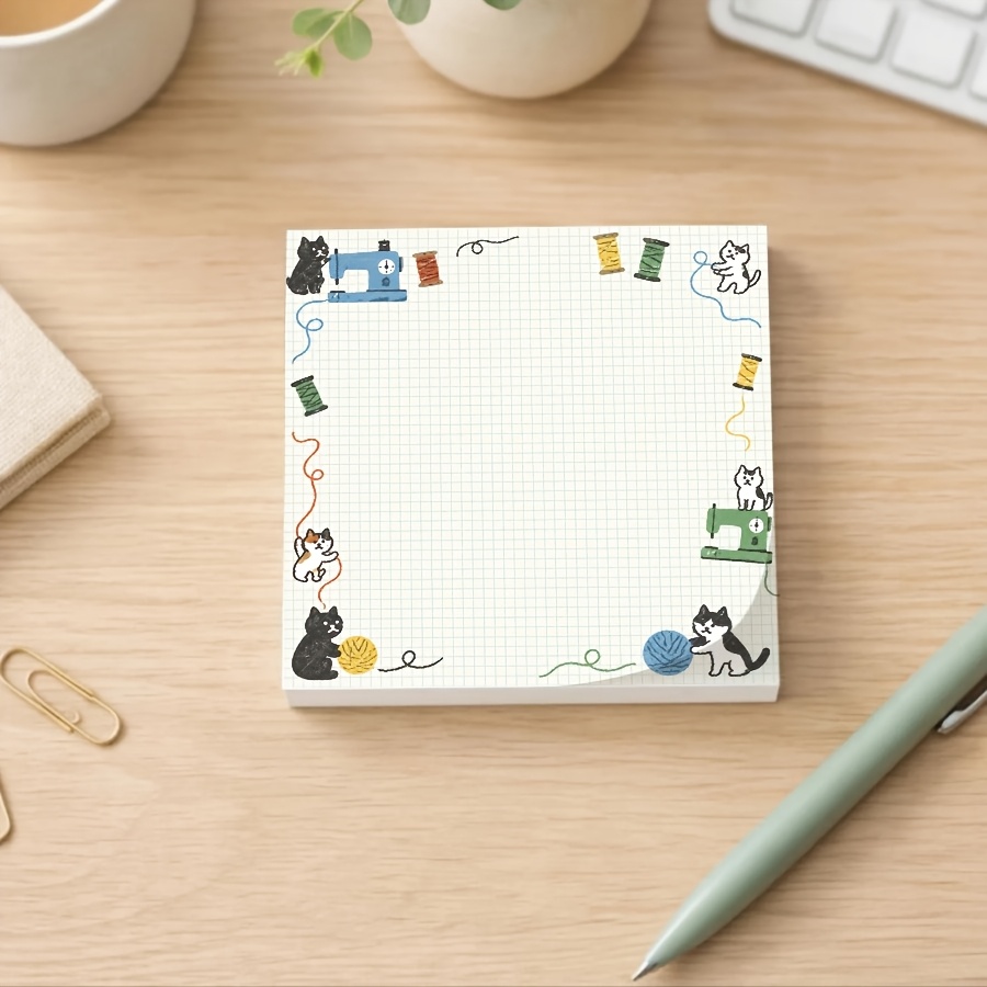 TEMU Cute Cat Sewing Theme Memo Pad, Kawaii Kitten Grid Design, Multifunctional Memo Notepad For To-do Lists, Notes, Messages, Study, Office & School