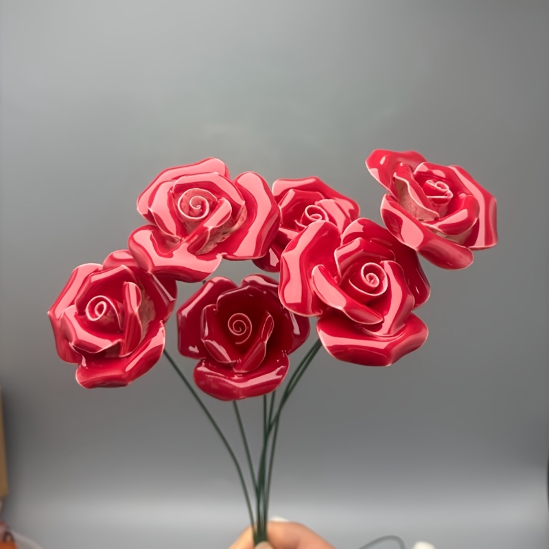 Image of 6pcs "witness " Handcrafted Rose Ceramic Flowers, Never , , Easter Bouquet, Suitable For Family, Garden, Wedding, Holiday Parties, Bringing Beauty And To