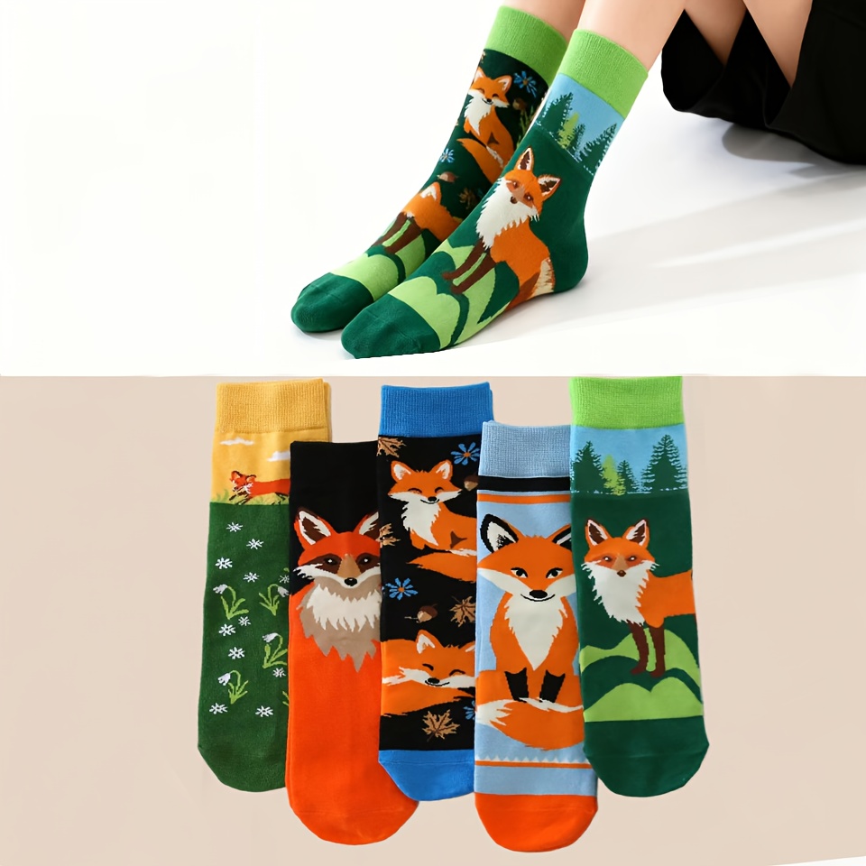 Image of 3 Pairs Of Random Cute Fox Women's Mid-calf Socks. Fashionable And Versatile For