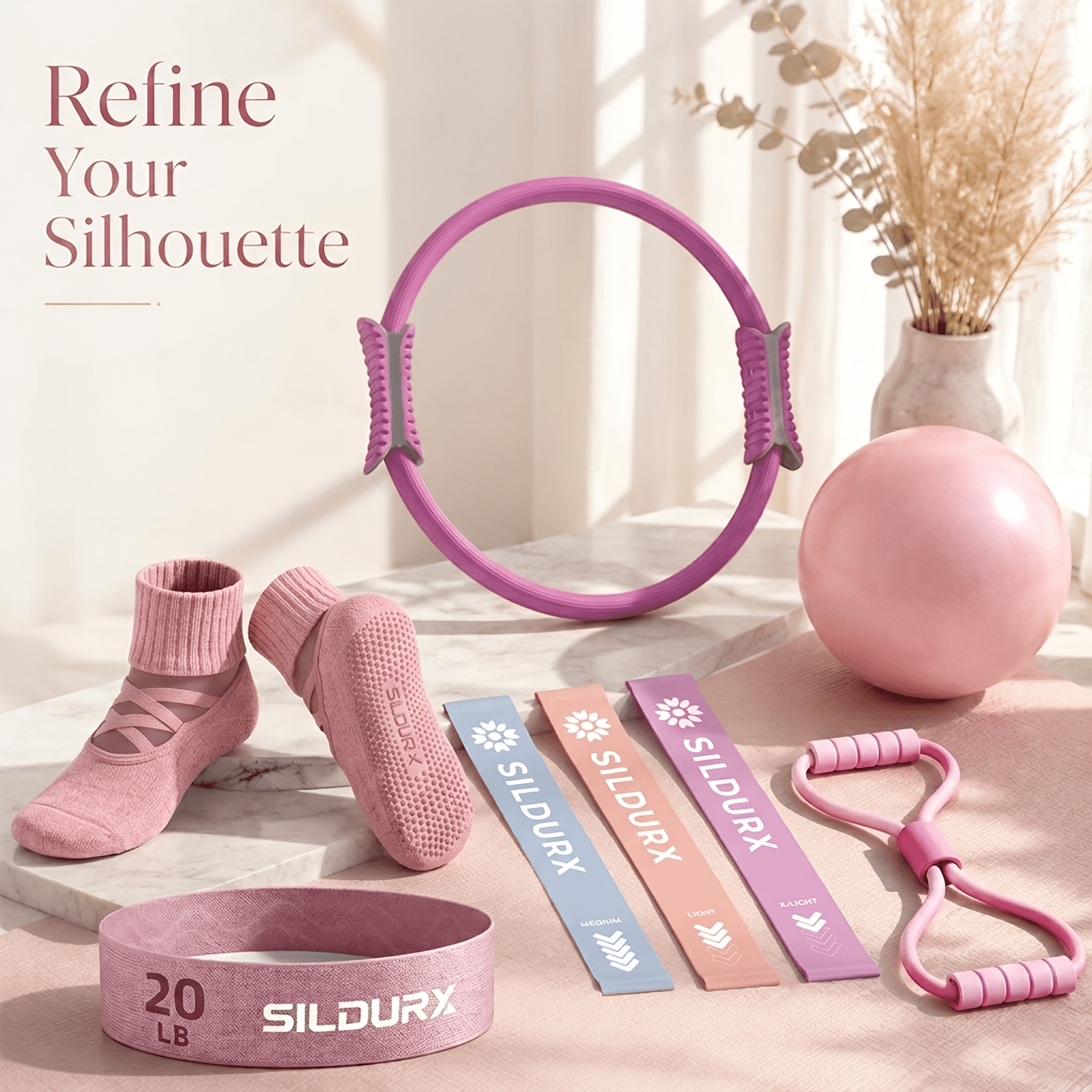SILDURX Pilates Kit, Home Pilates Workout Kit for Women, Pilates Equipment with 14.5" Pilates Ring and Ball, Resistance 