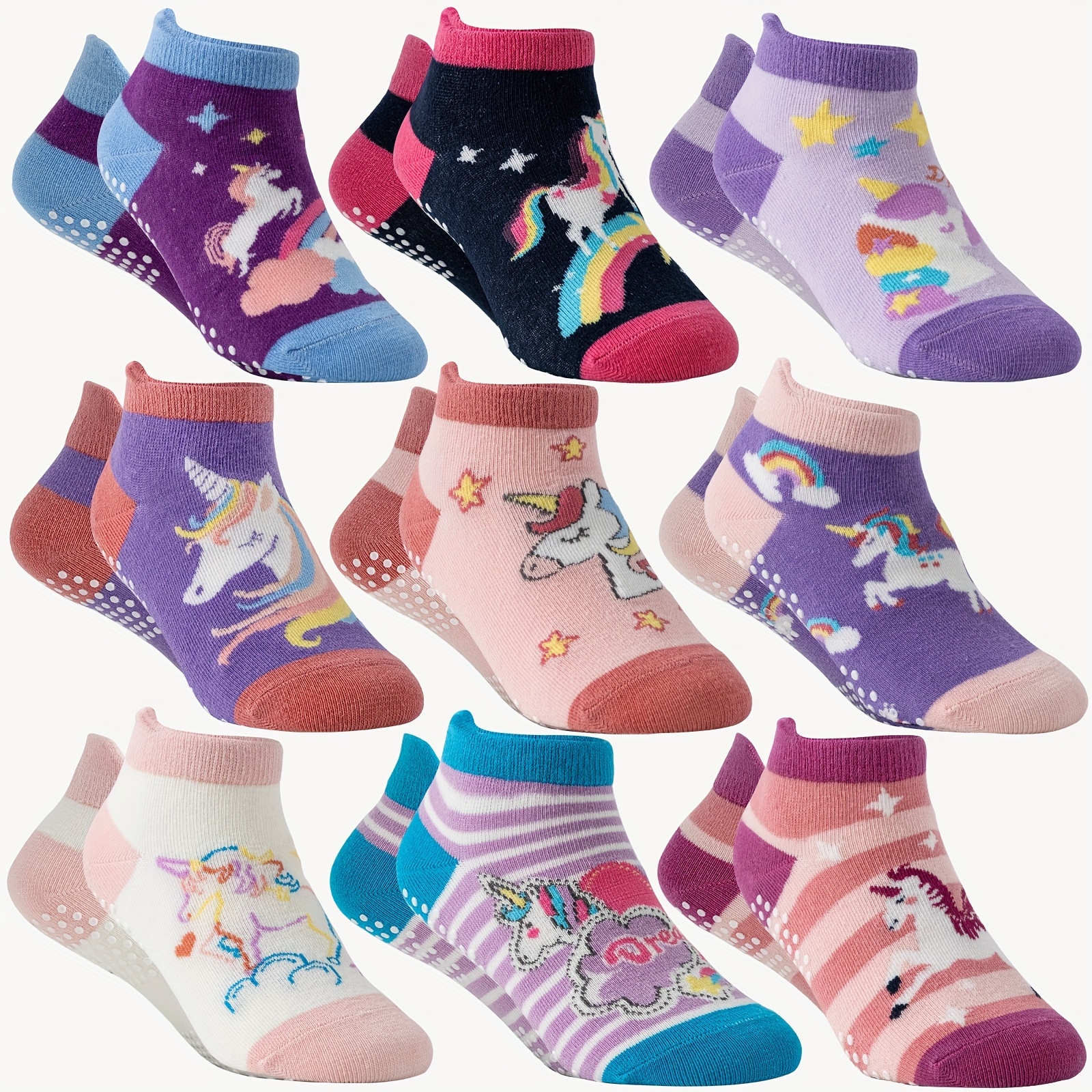 TEMU 9 Pairs Baby Girls' Non-slip Ankle Socks With Grippers - Cotton Sole Suitable For Walking,, Playtime | Unicorn Themed Gift Socks For & Girls, -