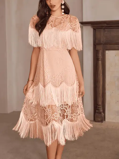 Lace Heavy Tassel Dress Women'S Summer New Short Sleeve * Party Gown Wedding Guest *-Length Dress Lace Heavy Tassel Dress Women'S Summer New Short Sleeve * Party Gown Wedding Guest *-Length Dress