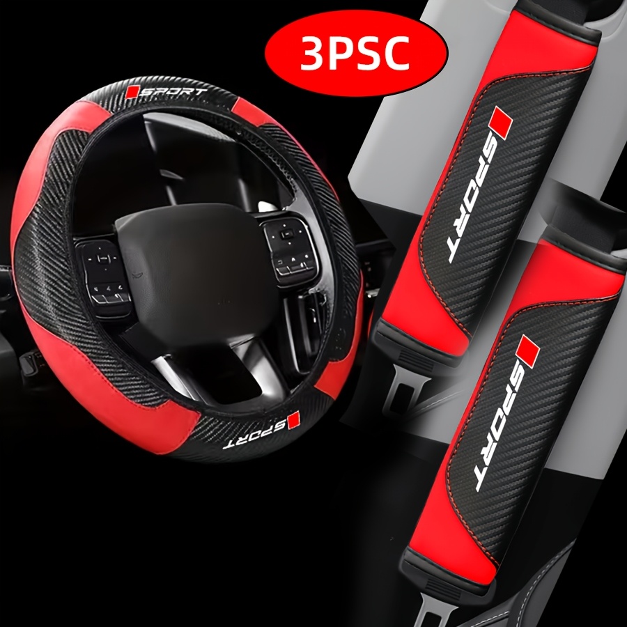 TEMU 3pcs Car Interior Accessories Set, Elastic Pu Leather Steering Wheel Cover + 2pcs Seat Belt Shoulder Pads, Universal Breathable Soft Steering