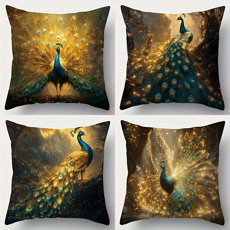 

Set Of 4 Contemporary Peacock Print Throw Pillow Covers, Machine Washable, Zipper Closure, Woven Polyester Decorative Cushion Cases For Home, Bedroom, Living Room, Car, Sofa - No Insert (20x20 Inches)