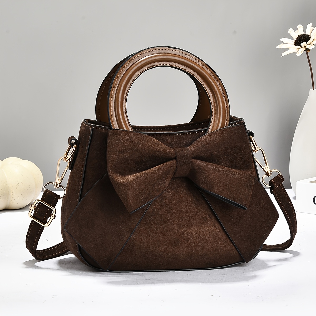 TEMU New Suede Fashionable Casual Versatile Classic Vintage Crossbody Bag With Premium Texture, High-end Appearance, And Exquisite Bow Detail. Large